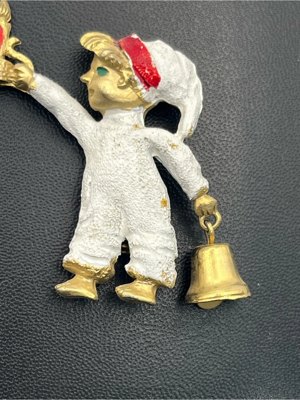 Christmas figural child carrying candle & bell enamel gold tone brooch pin